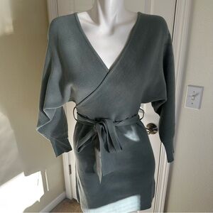 Fashion Nova V-Neck Wrap Sweater Dress in Mint Green